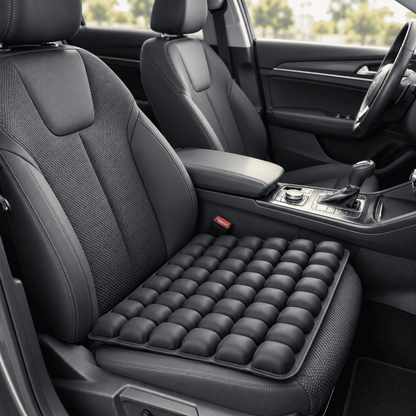 A black car seat cushion pad with a grid of raised oval cushions on the front passenger seat, shown installed inside a black car interior.
