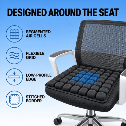 An ergonomic office chair cushion shown installed on a black mesh office chair, with marketing text and icons highlighting features like segmented air cells, flexible grid, low-profile edge, and stitched border.
