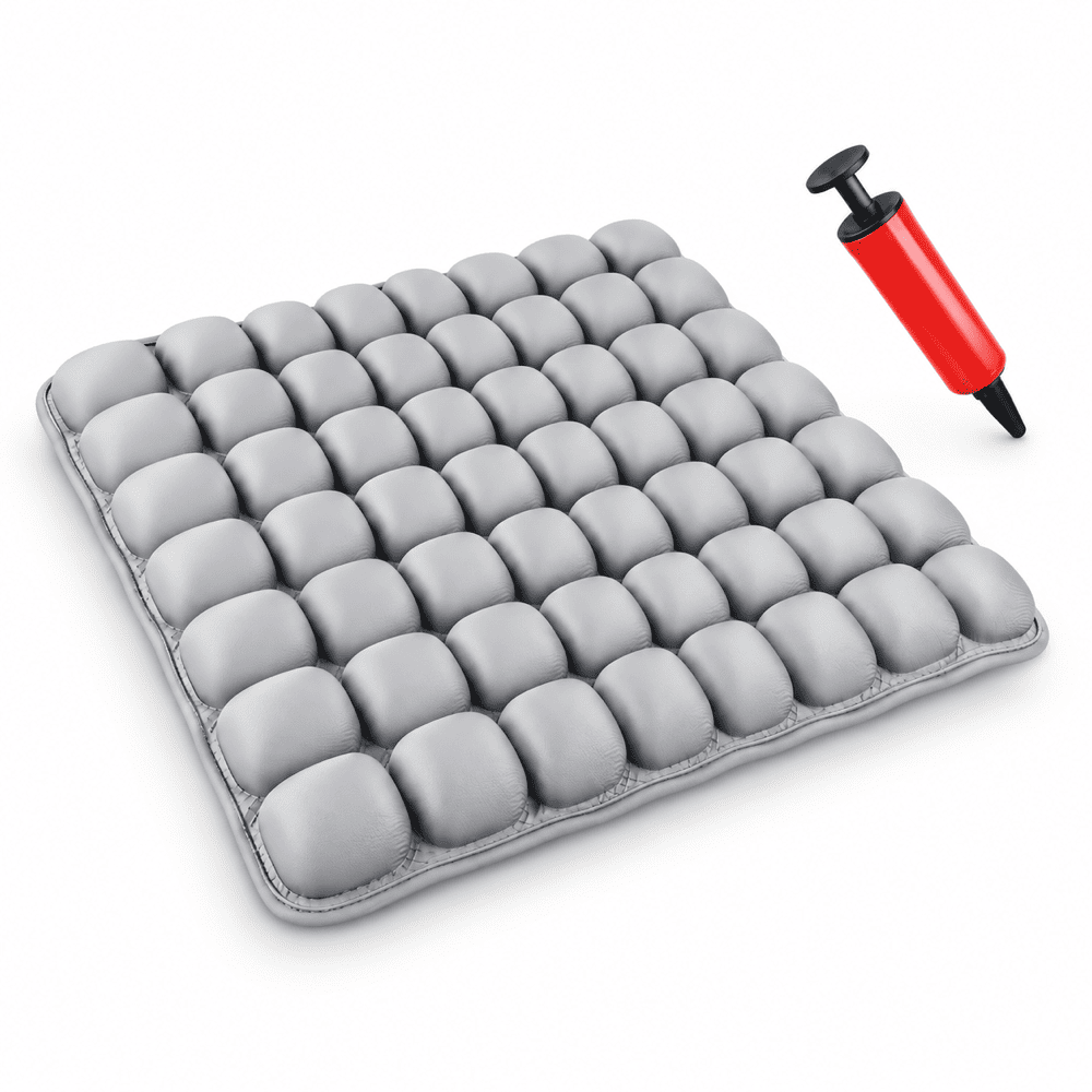 A square gray inflatable bubble mat with a red and black hand pump, shown on a clean white background.
