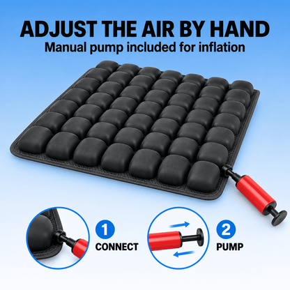 Black car seat cushion with a grid of oval air pockets and a red manual pump attached, shown on a blue gradient background with text reading 'ADJUST THE AIR BY HAND' and two circular inset diagrams showing how to connect and pump air.