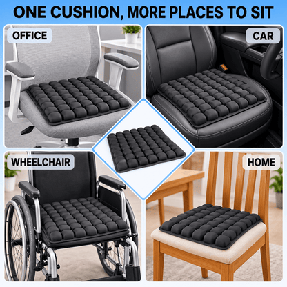 A four-panel promotional collage showing a black textured seat cushion placed on an office chair, a car seat, a wheelchair, and a wooden chair, with the headline 'ONE CUSHION, MORE PLACES TO SIT' at the top.