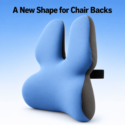 A blue and dark gray ergonomic chair back pillow with a black strap, shown against a blue gradient background with the text 'A New Shape for Chair Backs' at the top.