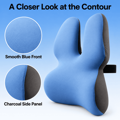 A contoured neck pillow shown on a blue gradient background with text reading 'A Closer Look at the Contour' and two circular inset close-ups labeled 'Smooth Blue Front' and 'Charcoal Side Panel.' The pillow is blue with dark charcoal side panels and a black support strap visible on the right.