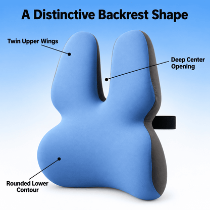 Blue and black contoured backrest cushion with callout labels pointing to Twin Upper Wings, Deep Center Opening, and Rounded Lower Contour on a light blue gradient background.