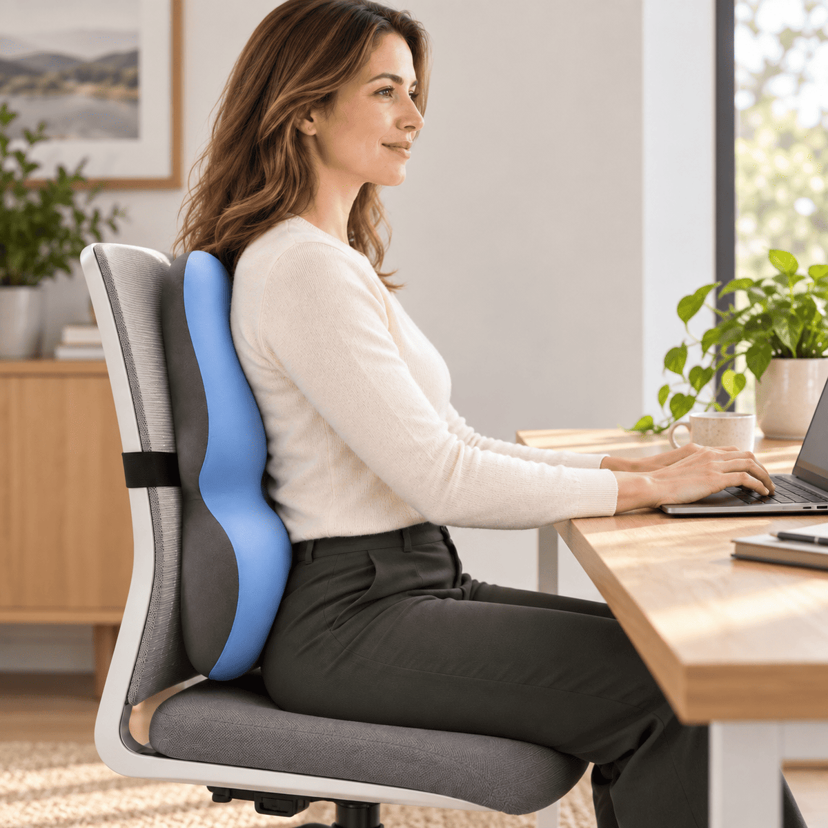 A woman sits in a gray office chair with a blue ergonomic lumbar support insert, working at a wooden desk with a laptop in a bright home office setting.