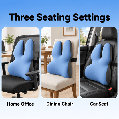 A promotional graphic showing a blue bunny-shaped lumbar support pillow in three seating settings: a home office chair, a dining chair, and a car seat. The image has a blue-to-white gradient background with the text 'Three Seating Settings' at the top and labels underneath each panel.