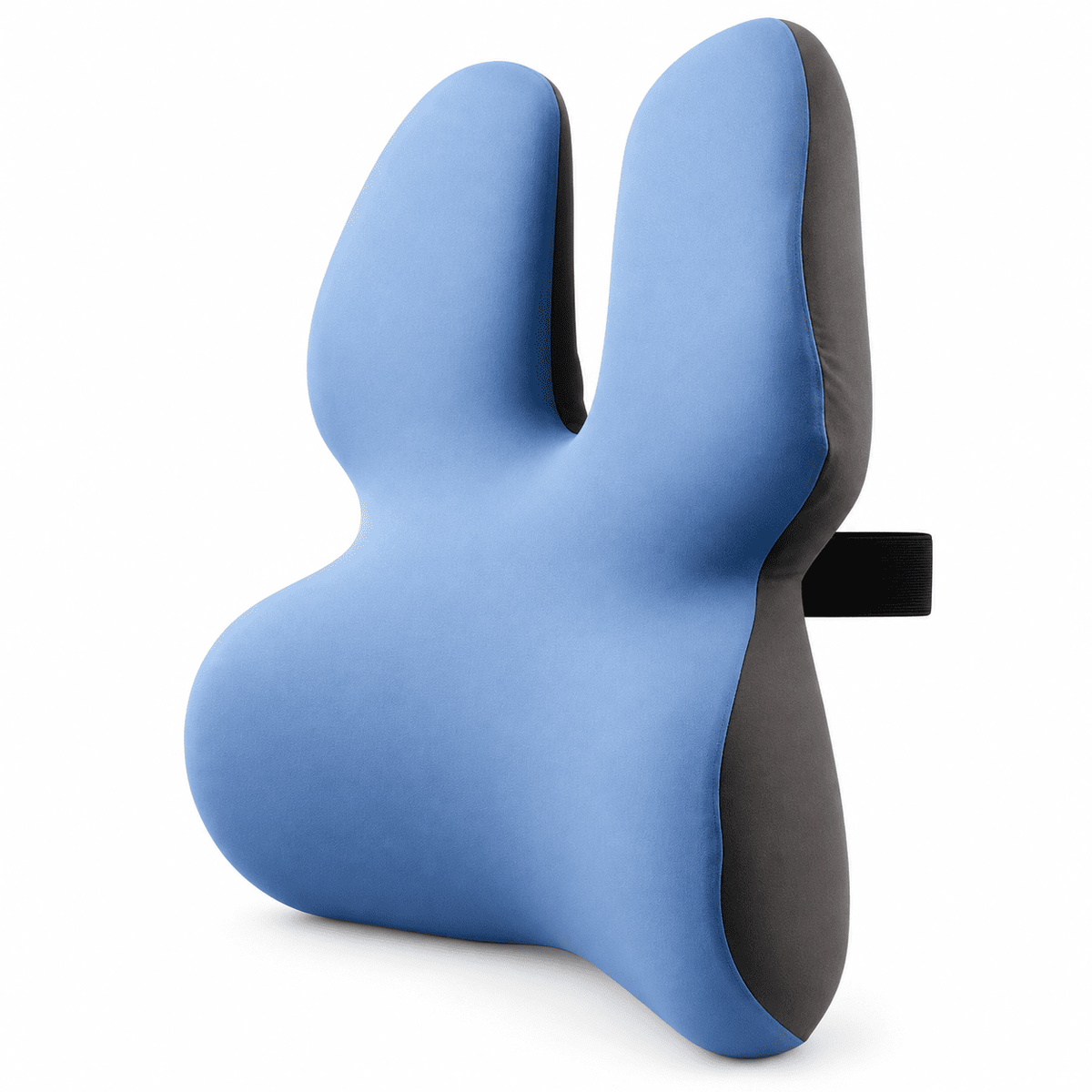 A contoured ergonomic support pillow with a blue front, dark gray side, and a black adjustable strap, shown on a white background.