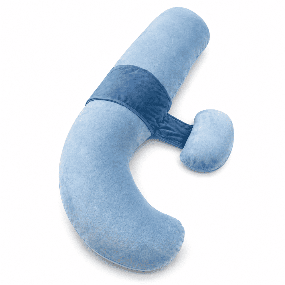 Light blue velvet adjustable pregnancy pillow with connected belly support cushion on a pure white background