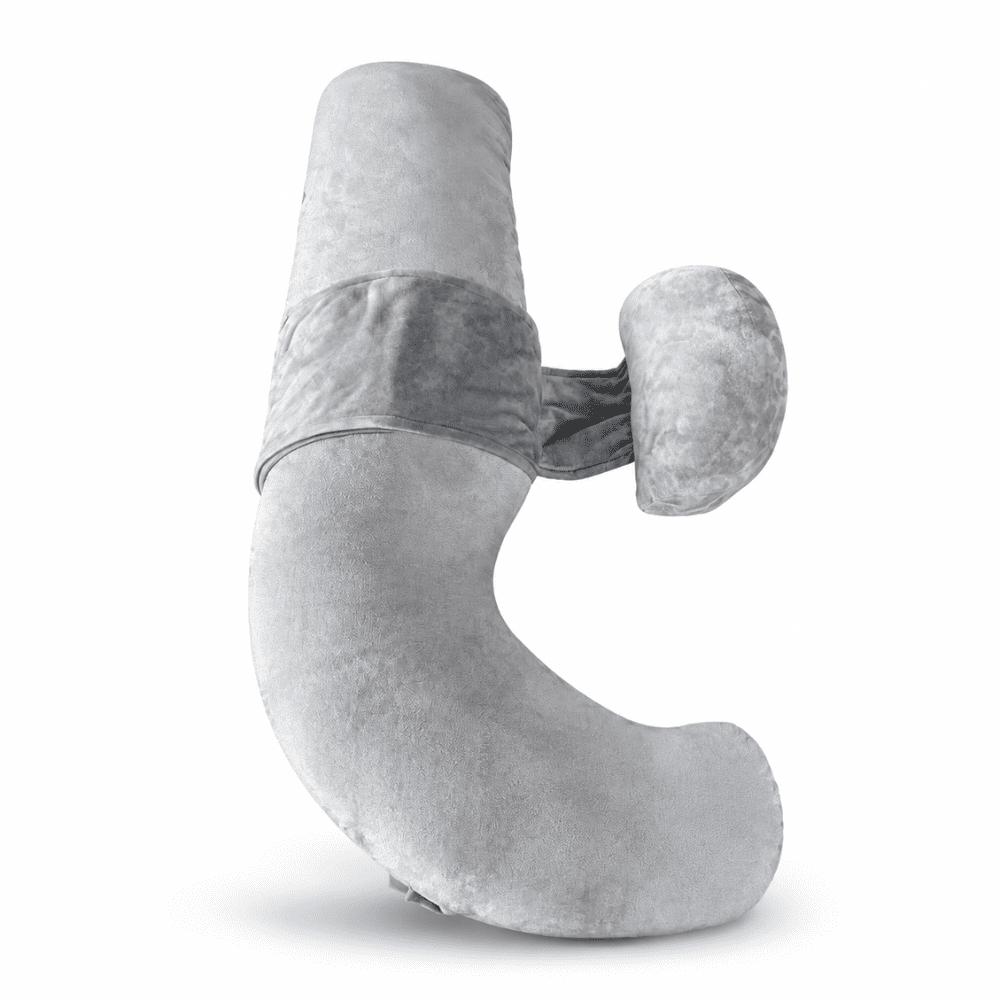 Light gray velvet adjustable pregnancy pillow with connected belly support cushion on a pure white backgroun
