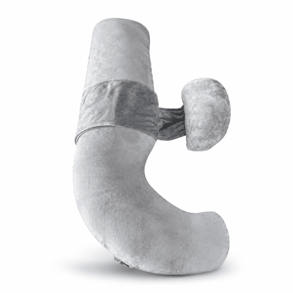 Light gray velvet adjustable pregnancy pillow with connected belly support cushion on a pure white backgroun