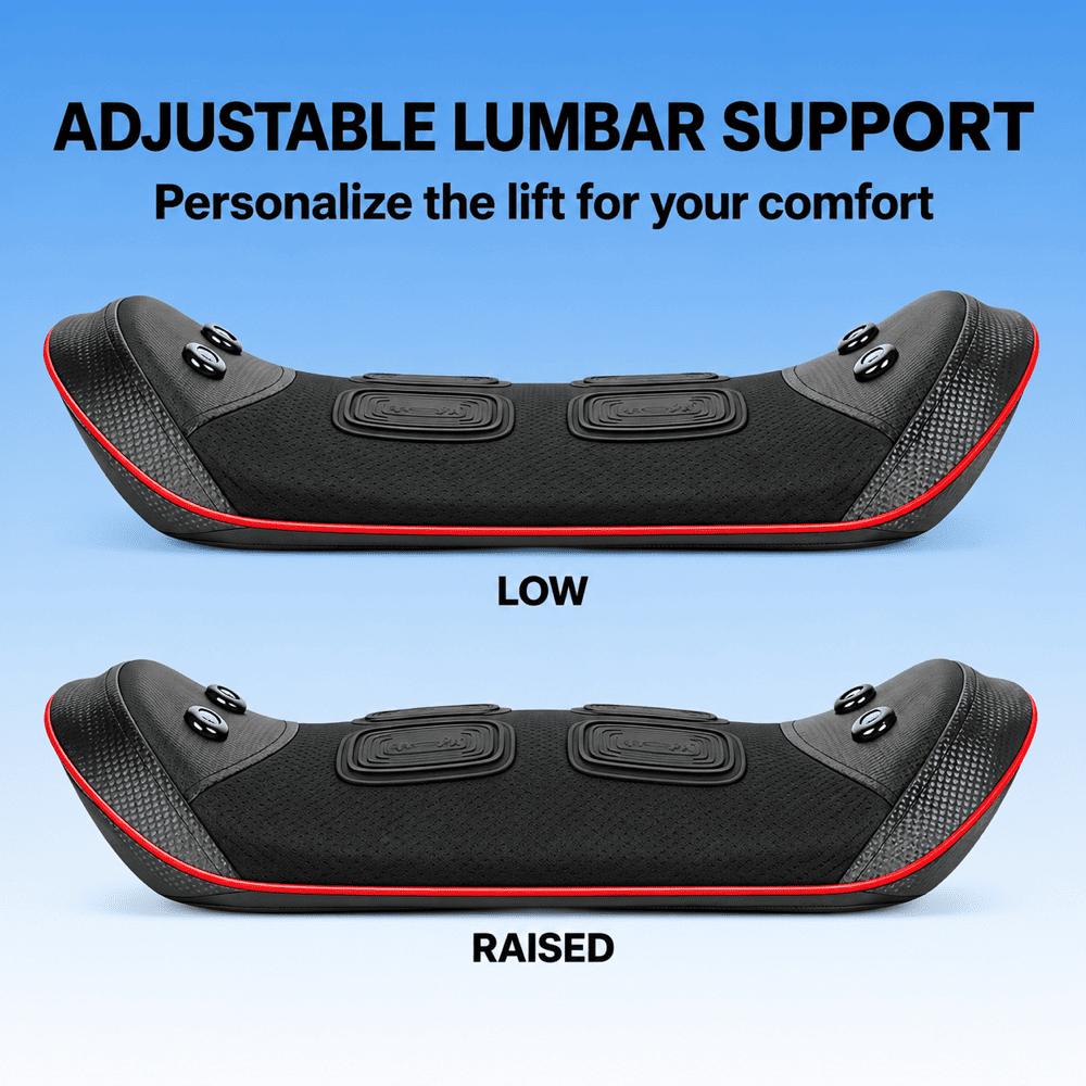 Adjustable lumbar support seat pad shown in two positions labeled LOW and RAISED on a light blue gradient background, with text reading 'ADJUSTABLE LUMBAR SUPPORT' and 'Personalize the lift for your comfort.'.