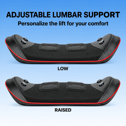 Adjustable lumbar support seat pad shown in two positions labeled LOW and RAISED on a light blue gradient background, with text reading 'ADJUSTABLE LUMBAR SUPPORT' and 'Personalize the lift for your comfort.'.