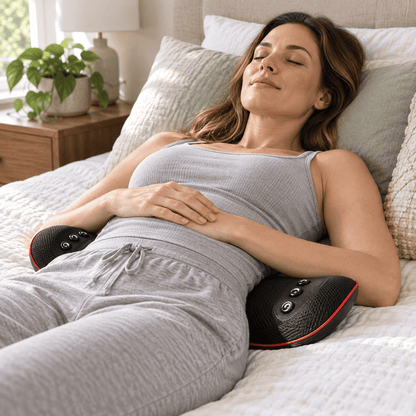A woman lies on a bed using a black abdominal massage device with red trim and massage buttons. She is wearing a gray ribbed tank top and matching gray sweatpants in a bright bedroom setting.