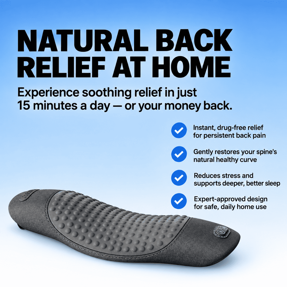 A dark gray textured lumbar support pillow shown on a blue gradient background with promotional text and feature callouts about natural back relief at home.