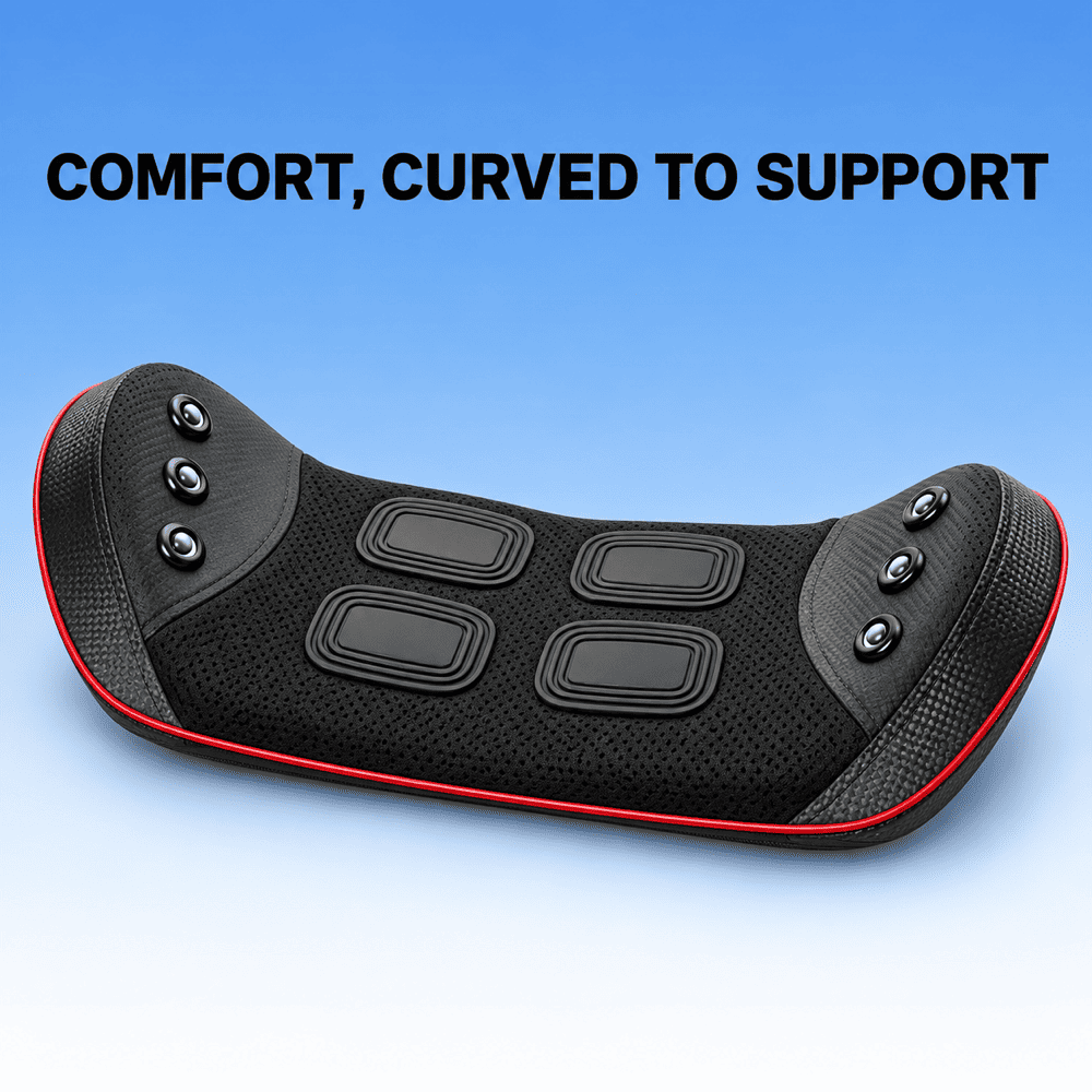 A curved black massage or heating pad with red trim and multiple control buttons, shown on a blue gradient background with the text 'COMFORT, CURVED TO SUPPORT'.
