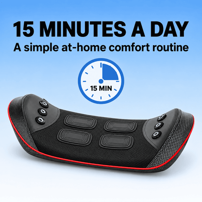 An electric massage pad shown on a light blue gradient background with promotional text reading '15 MINUTES A DAY' and 'A simple at-home comfort routine.' The product is black with red trim and several control buttons.