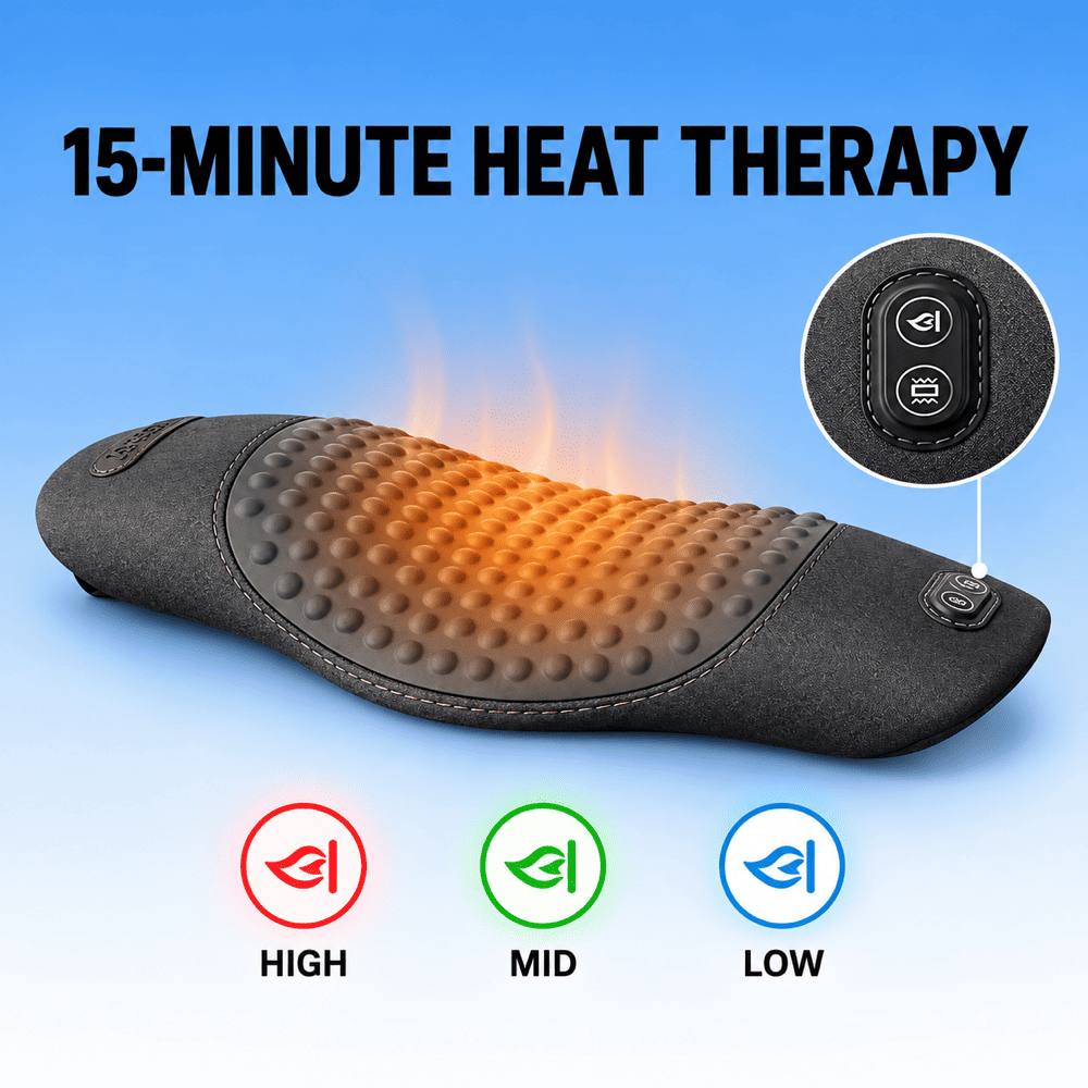 A heated lumbar massage pillow shown on a blue gradient background with the text '15-MINUTE HEAT THERAPY.' The pillow is dark gray/black with a raised textured heating pad and flame-like orange heat effect.