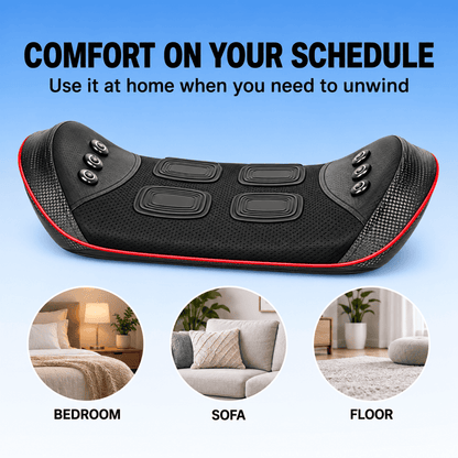 Black massage pillow with red trim and multiple massage nodes, shown with promotional text 'COMFORT ON YOUR SCHEDULE' and three circular lifestyle scenes labeled BEDROOM, SOFA, and FLOOR.