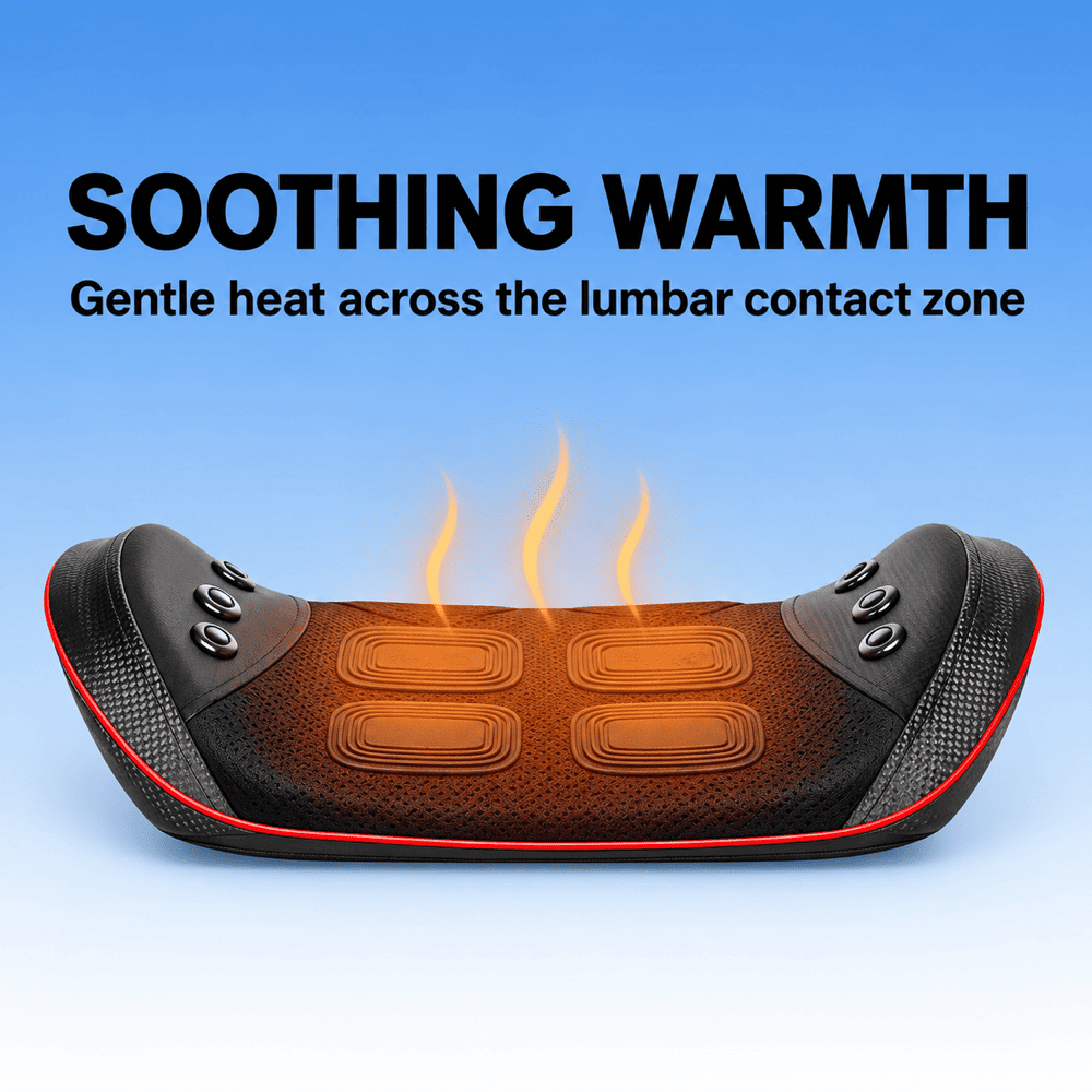 A lumbar massage pillow with a black textured exterior, red trim, and glowing orange heat zones on a blue gradient background with the text 'SOOTHING WARMTH'.