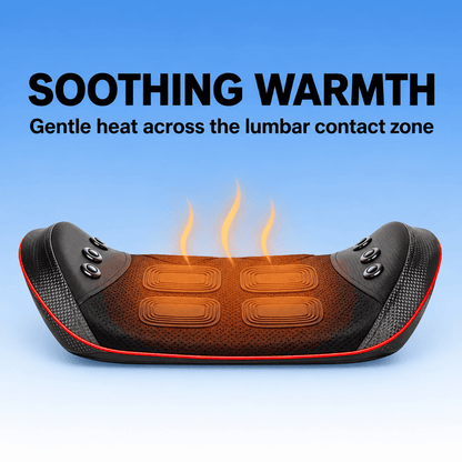 A lumbar massage pillow with a black textured exterior, red trim, and glowing orange heat zones on a blue gradient background with the text 'SOOTHING WARMTH'.