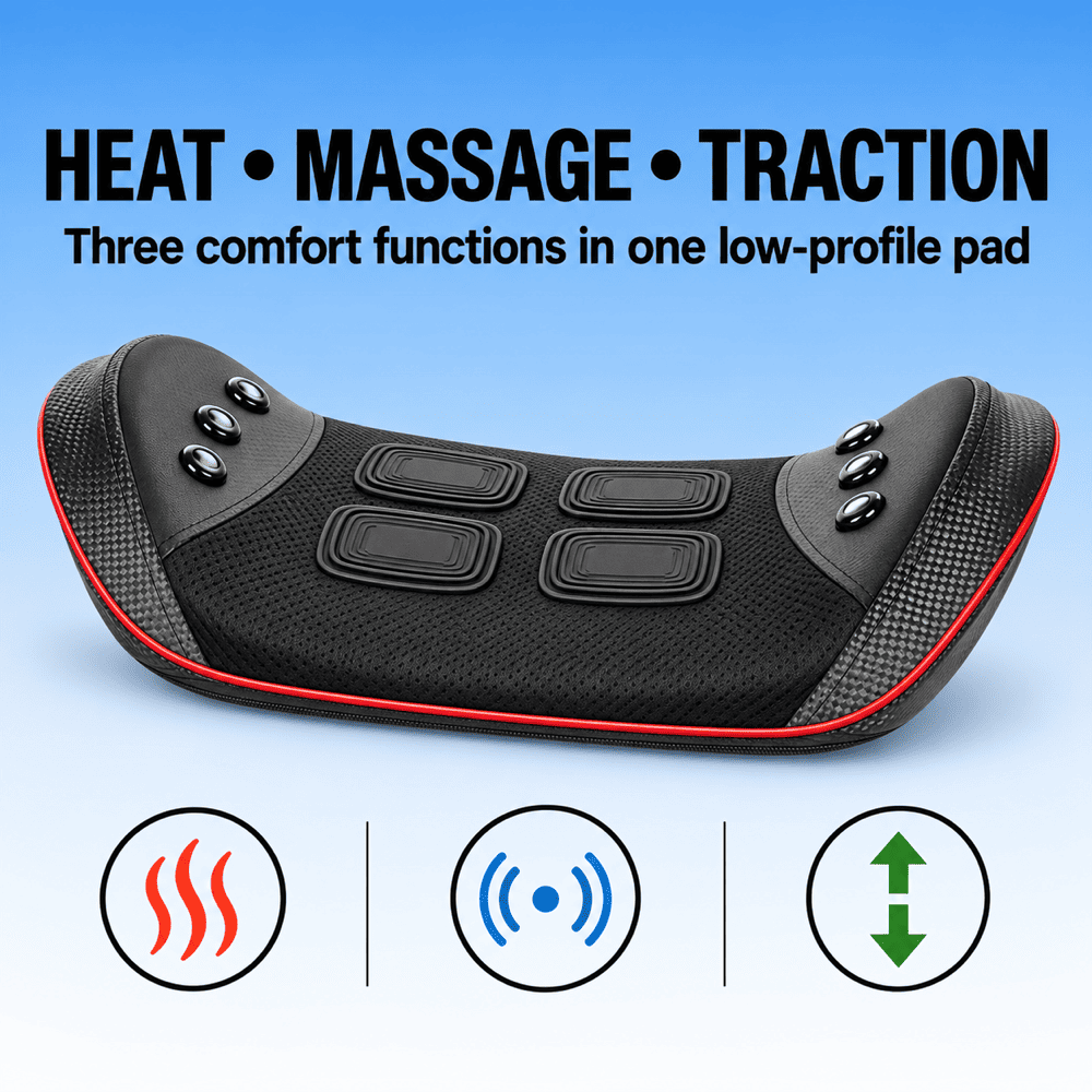 Black massage lumbar pad with red trim, featuring massage and traction functions, shown with three feature icons below on a blue gradient background.