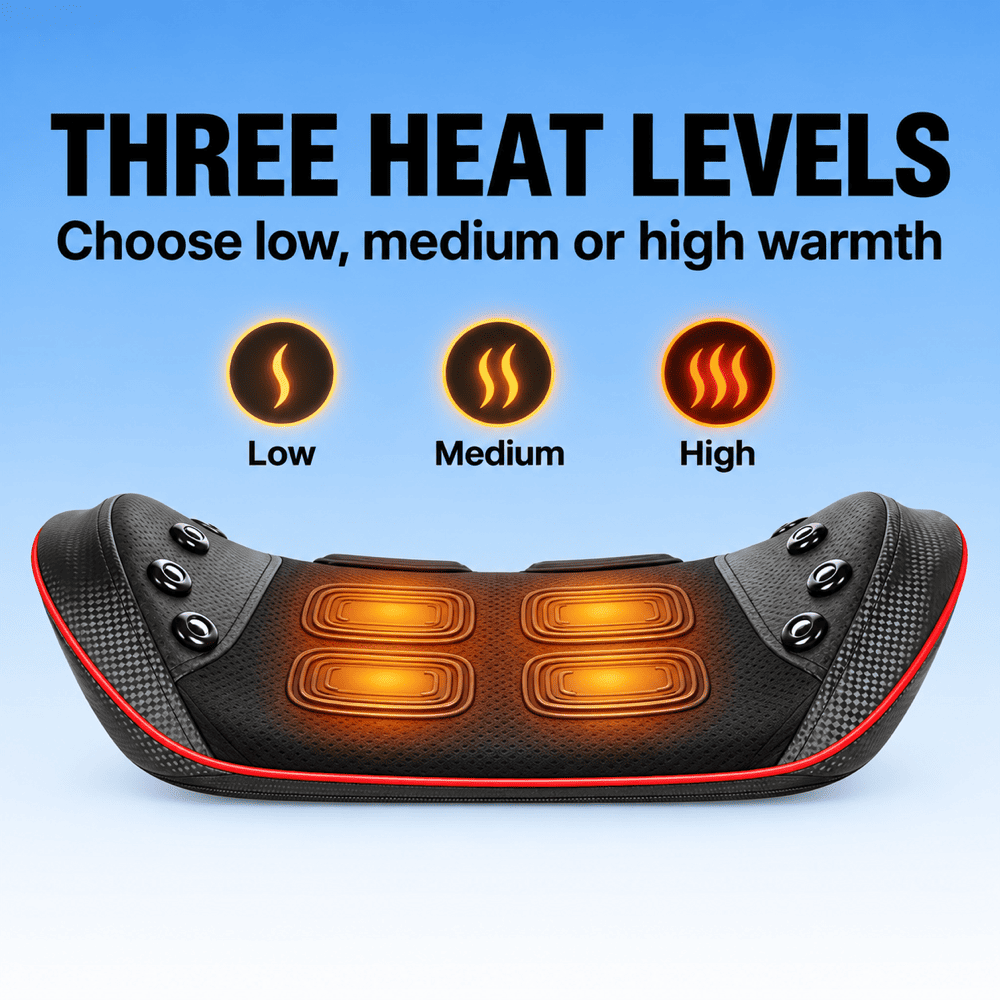 A black heated massage pillow with glowing orange heat zones and red trim, shown on a blue gradient background with text reading 'THREE HEAT LEVELS' and icons for Low, Medium, and High warmth.