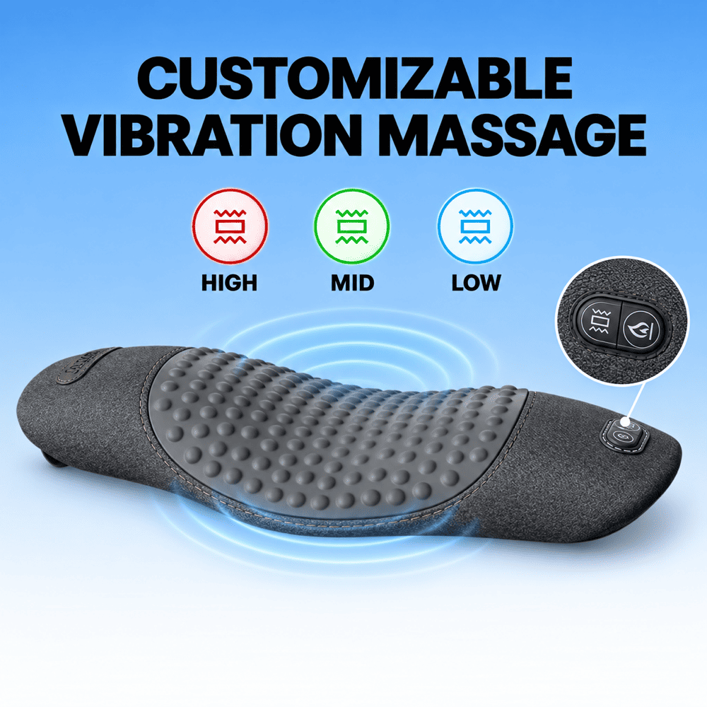 A dark gray customizable vibration massage device with a textured massage pad, shown on a blue gradient background with text reading 'CUSTOMIZABLE VIBRATION MASSAGE' and icons for high, mid, and low settings.