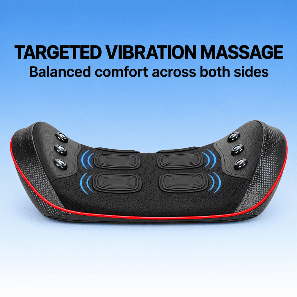 Black curved massage pillow with red trim and blue vibration graphic details, shown on a blue gradient background with text reading 'TARGETED VIBRATION MASSAGE Balanced comfort across both sides'.