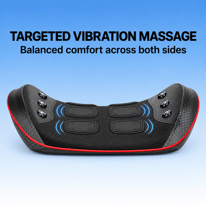 Black curved massage pillow with red trim and blue vibration graphic details, shown on a blue gradient background with text reading 'TARGETED VIBRATION MASSAGE Balanced comfort across both sides'.
