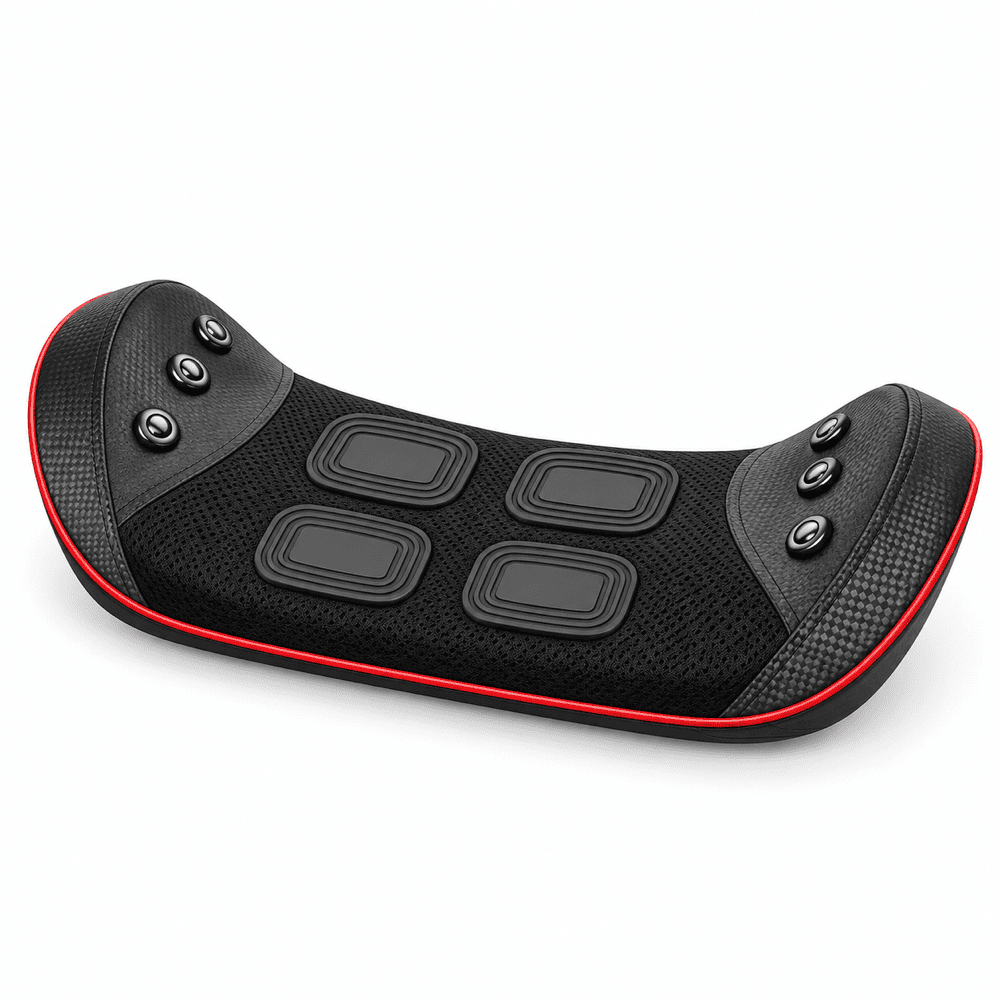 Black electric motorcycle neck pillow with red trim and four rectangular heating pads, shown on a white background.