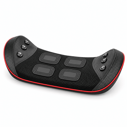 Black electric motorcycle neck pillow with red trim and four rectangular heating pads, shown on a white background.