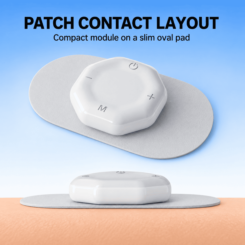 A white compact electronic patch module shown on two slim oval adhesive pads against a blue gradient background, with text reading 'PATCH CONTACT LAYOUT' and smaller text 'Compact module on a slim oval pad.'.