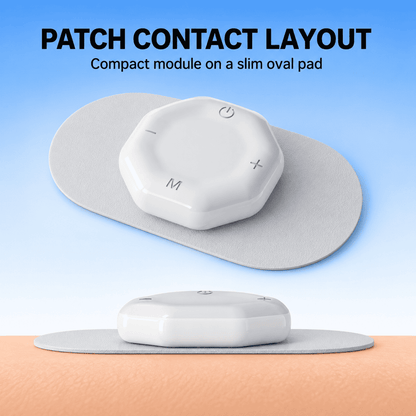 A white compact electronic patch module shown on two slim oval adhesive pads against a blue gradient background, with text reading 'PATCH CONTACT LAYOUT' and smaller text 'Compact module on a slim oval pad.'.