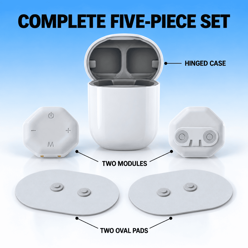A five-piece wireless earbud charging case set shown on a blue gradient background with labeled callouts: an open white hinged case, two white octagonal modules, and two white oval pads. Large text reads 'COMPLETE FIVE-PIECE SET'.