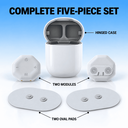 A five-piece wireless earbud charging case set shown on a blue gradient background with labeled callouts: an open white hinged case, two white octagonal modules, and two white oval pads. Large text reads 'COMPLETE FIVE-PIECE SET'.