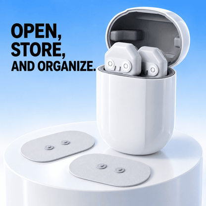 White wireless earbuds in an open matching charging case, shown with two oval adhesive pads on a white pedestal against a blue gradient background. Large text on the left reads, 'OPEN, STORE, AND ORGANIZE.