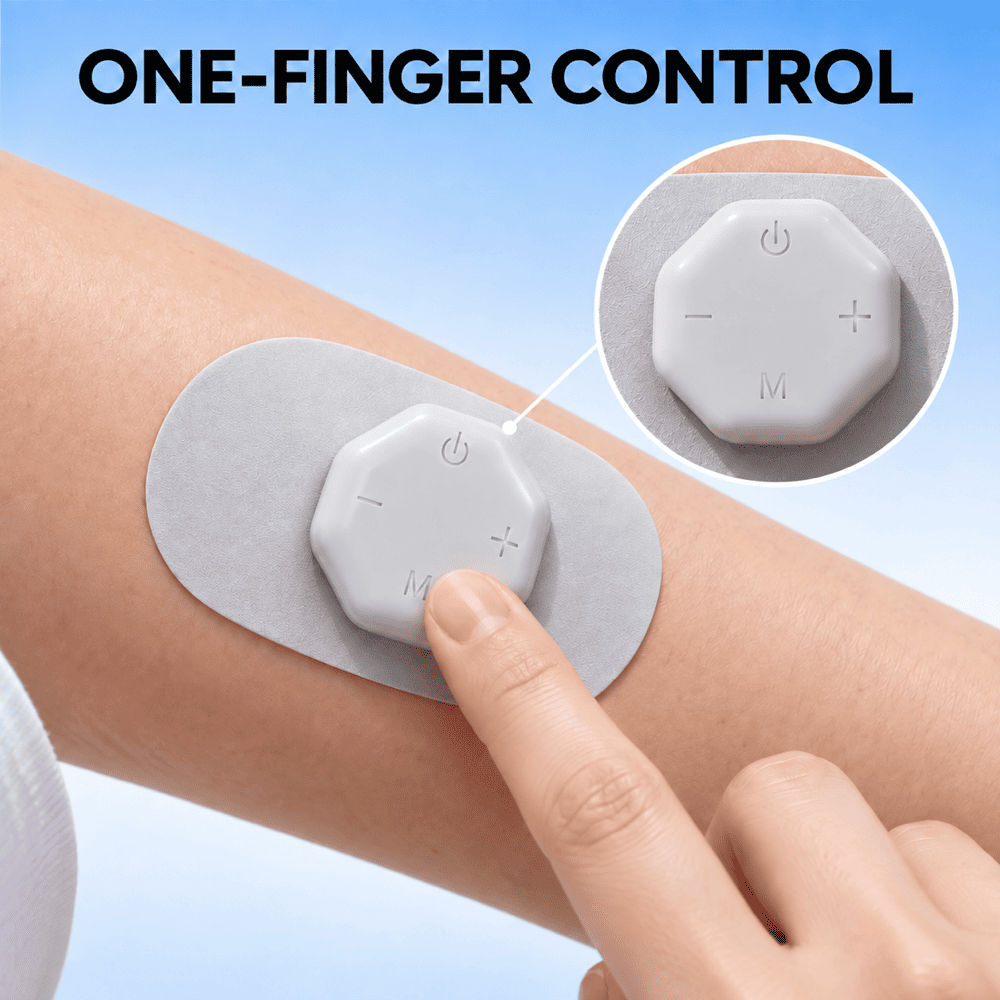 A close-up of a person's forearm with a small oval gray patch attached, featuring a white hexagonal control pad that a finger is pressing. Large text at the top reads 'ONE-FINGER CONTROL,' and a circular inset shows a top view of the control pad with button symbols.