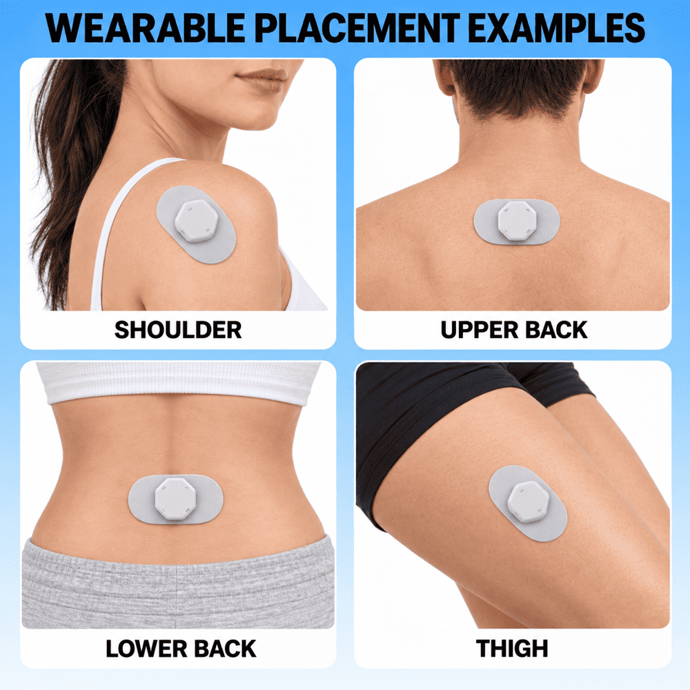 Four-panel diagram showing wearable adhesive patch placement examples on a model: shoulder, upper back, lower back, and thigh. The panels include labeled text and a blue border/background.