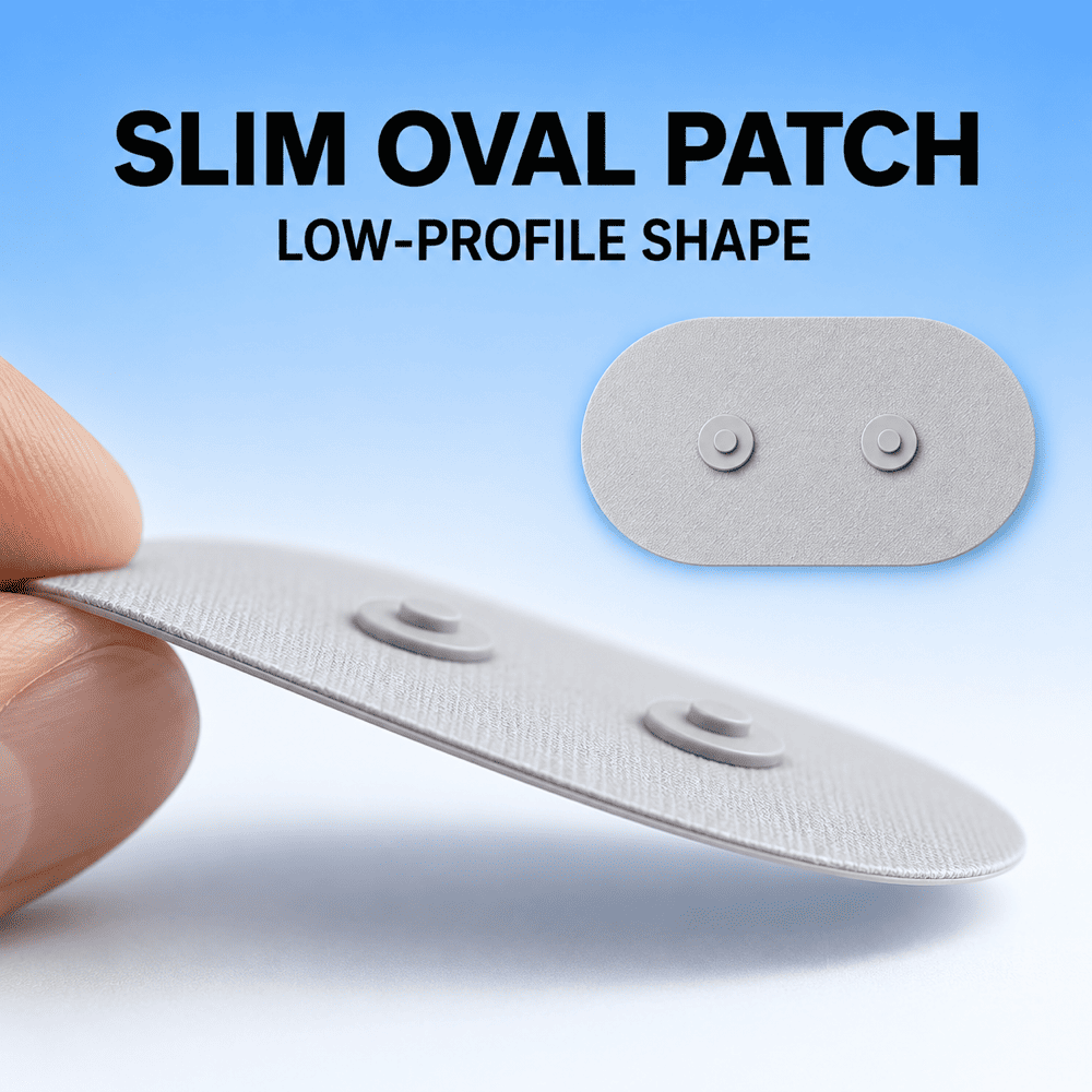 A hand holds a slim oval gray patch against a light blue gradient background, with text reading 'SLIM OVAL PATCH' and 'LOW-PROFILE SHAPE,' plus a small inset showing the patch from above.
