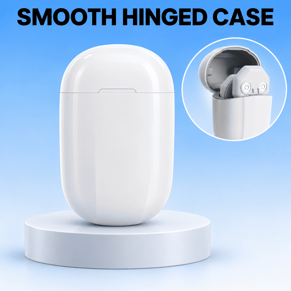 A white smooth-hinged wireless earbud case shown on a matching round stand against a light blue gradient background, with a circular inset demonstrating the hinged lid open to reveal the earbuds inside. Large text at the top reads “SMOOTH HINGED CASE.