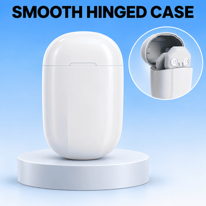 A white smooth-hinged wireless earbud case shown on a matching round stand against a light blue gradient background, with a circular inset demonstrating the hinged lid open to reveal the earbuds inside. Large text at the top reads “SMOOTH HINGED CASE.