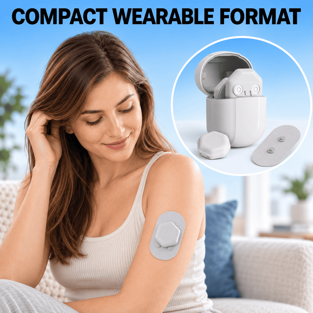 A woman wearing a compact, round, light gray wearable device on her upper arm, with an inset circle showing the device in its charging case and a small remote. Text at the top reads 'COMPACT WEARABLE FORMAT'.