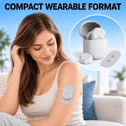 A woman wearing a compact, round, light gray wearable device on her upper arm, with an inset circle showing the device in its charging case and a small remote. Text at the top reads 'COMPACT WEARABLE FORMAT'.