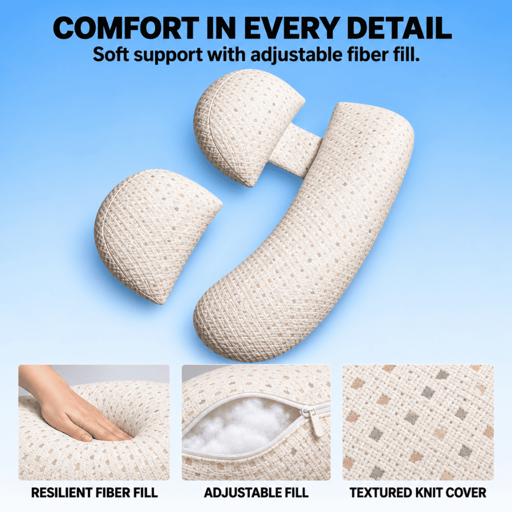 A beige contoured support pillow with a textured knit cover and adjustable fiber fill, shown on a blue gradient background with text and three detail inset images at the bottom.