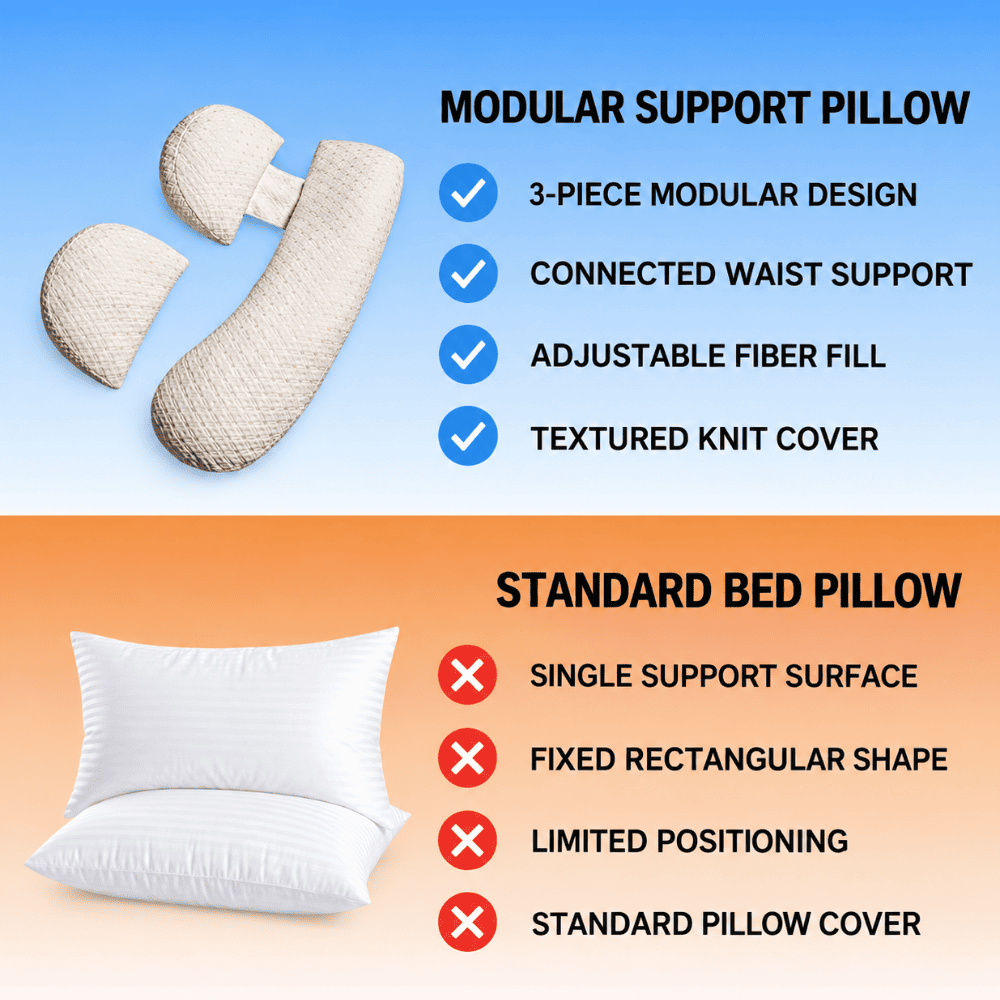 Promotional comparison graphic for a modular support pillow versus a standard bed pillow. The top half shows a beige textured modular pillow with three pieces and text listing benefits: 3-piece modular design, connected waist support, adjustable fiber fill, and textured knit cover.