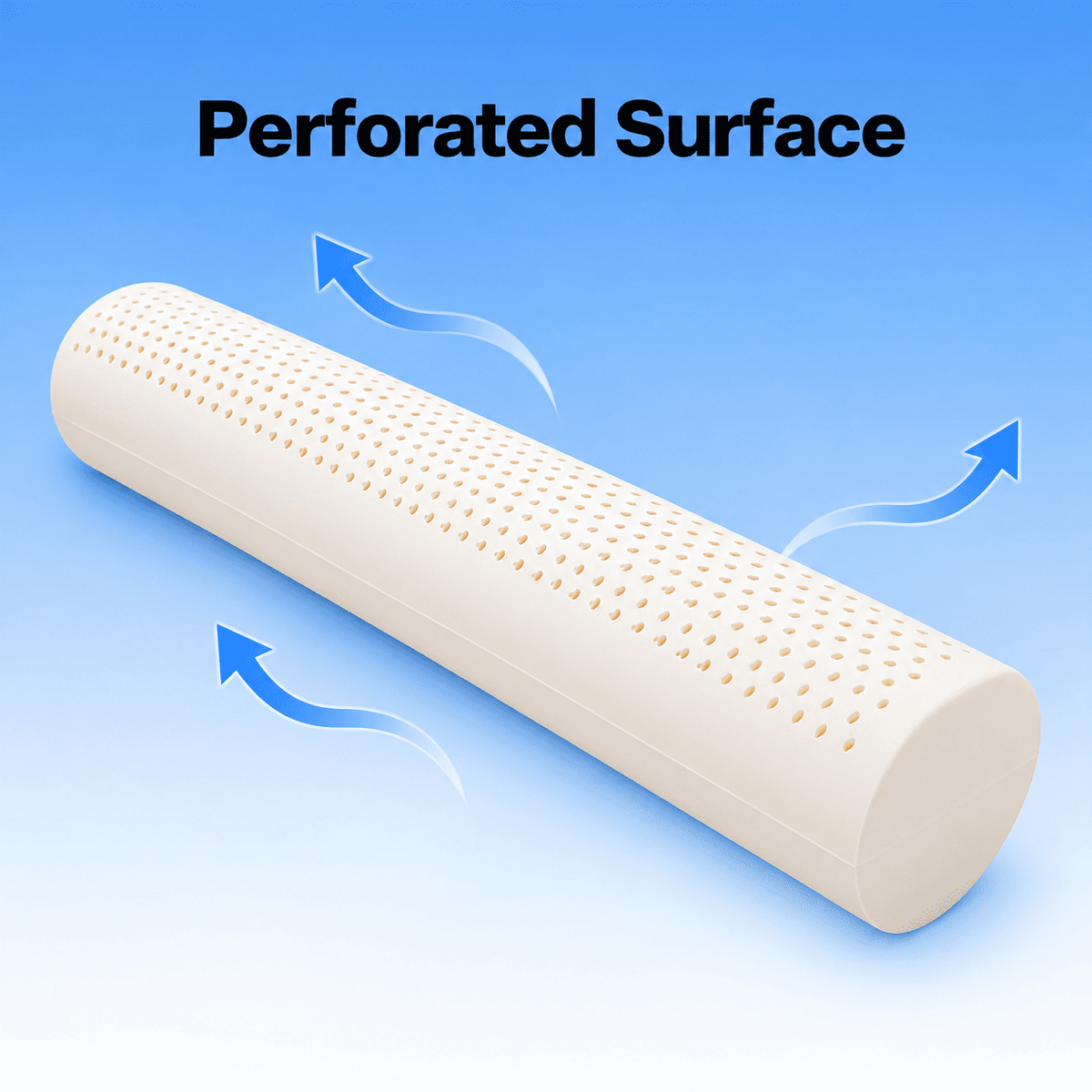 A cylindrical beige perforated surface product shown on a blue gradient background with the text 'Perforated Surface' and blue airflow arrows indicating ventilation.