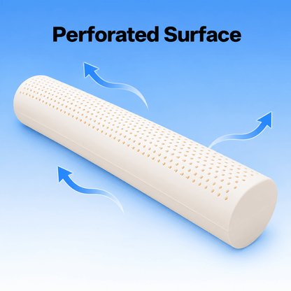 A cylindrical beige perforated surface product shown on a blue gradient background with the text 'Perforated Surface' and blue airflow arrows indicating ventilation.