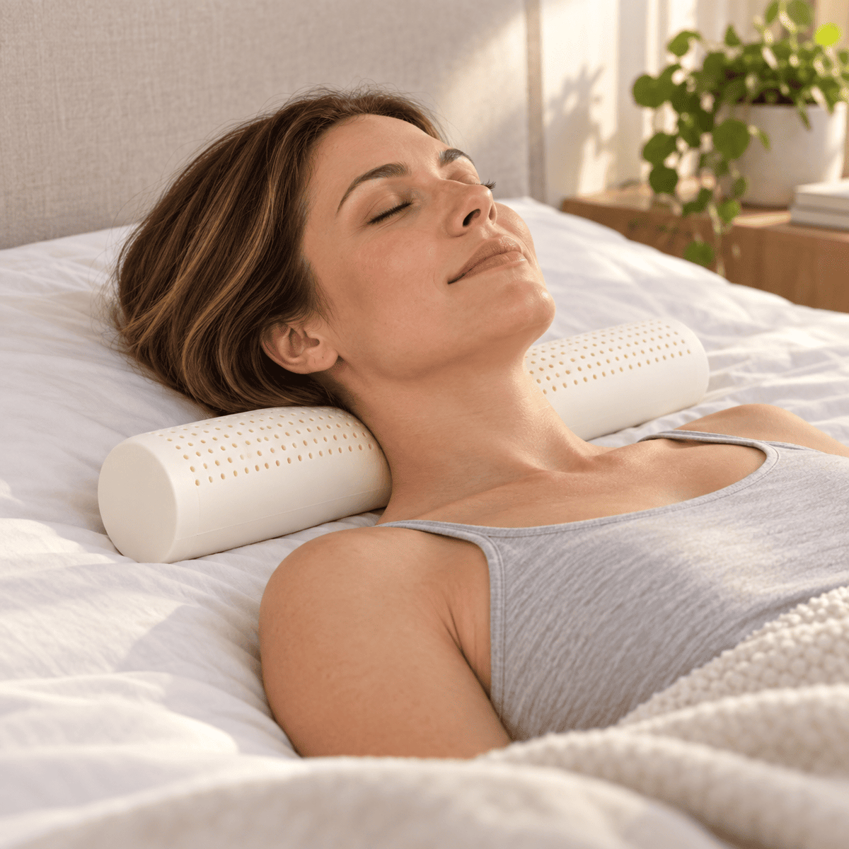 A woman lying in bed with her eyes closed, using a white contoured cervical pillow to support her neck and head. The bedroom background is softly lit with natural light, featuring a neutral headboard and a potted plant on a side table.