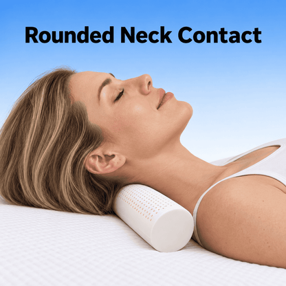 A woman lying on her side with her neck supported by a white rounded cervical pillow, against a blue gradient background with the text 'Rounded Neck Contact' at the top.