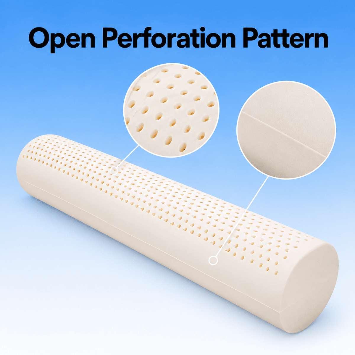 A beige cylindrical pillow with an open perforation design, shown on a blue gradient background with text reading 'Open Perforation Pattern' and two circular detail insets highlighting the holes and fabric texture.